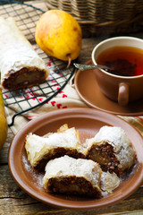 Pears and chocolate   strudel. .selective focus.