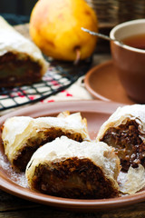 Pears and chocolate   strudel. .selective focus.