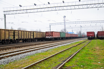 Fototapeta na wymiar View on railroad tracks and cargo train