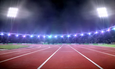 Fotobehang Lege stadionillustratie met atletiekbaan & 39 s nachts in de schijnwerpers © razihusin