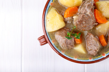 Meat stew with potatoes and carrots. Goulash soup.
