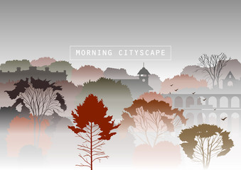 Vector illustration. Silhouettes of old houses, trees and bridge in fog. Smog, autumn mysterious urban landscape. Template for site, tourist brochures.