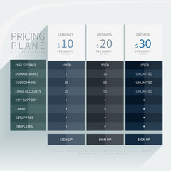 Pricing comparison table set for commercial business web service