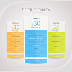 Pricing comparison table set for commercial business web service
