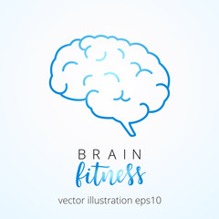 Brain logo silhouette on light blue background. Top view. Vector human brain anatomy in flat style with hand lettering 