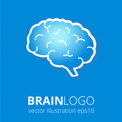 Brain logo silhouette in blue colors on blue background. Top view. Vector human brain anatomy in flat style. 
