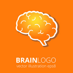 Brain logo silhouette on orange background. Top view. Vector human brain anatomy in flat style.  - 131365990