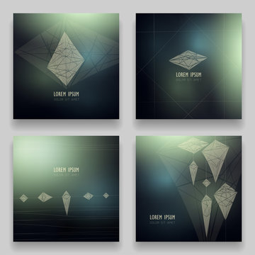 Set of vector square ultramodern templates. 3d geometric hand-drawn shapes and pyramid on blur space background. Image of crystal, constellation, diamond. Concept for logo, brochures, posters, flyers.