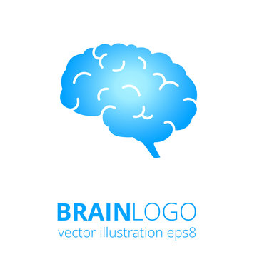 Blue brain logo silhouette on white background. Top view. Vector human brain anatomy in flat style. 