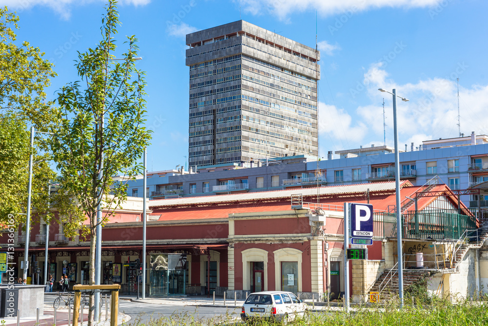 Wall mural train station donostia and the atocha tower is the tallest building in the city, built in 1972. it i