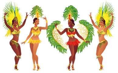 Set of Brazilian samba dancers. Vector carnival girls wearing a festival costume is dancing. - obrazy, fototapety, plakaty