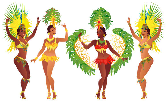 Set of Brazilian samba dancers. Vector carnival girls wearing a festival costume is dancing.