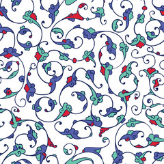 Seamless pattern design with detailed Iznik style floral motifs drawn freehand on digital tablet, elegant rumi style flourishes repeating surface pattern for web and print use.