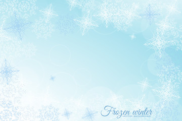 Vector Frozen winter abstract light blue background with radiance and snowflakes.