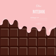 Pink cream melted on chocolate bar background. Cute design with sample text.