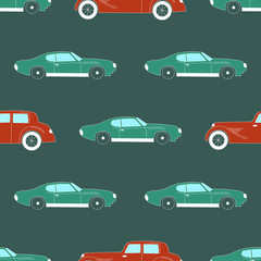 Transportation pattern with retro cars. Green background.