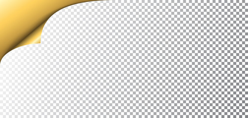 Gold metallic paper corner with shadow on transparent background. Golden turn empty sticker. Curl note label. Template curly edge sheet document. Decoration graphic element banner Vector illustration