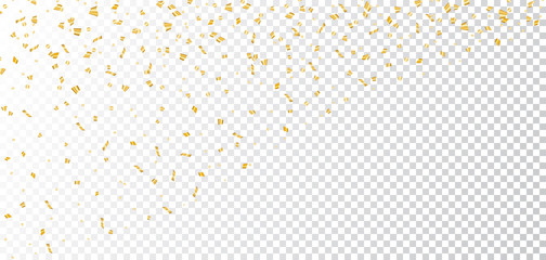 Gold bright confetti on white transparent Christmas background. Golden decoration glitter abstract design of Happy New Year card, greeting, Xmas holiday celebrate banner. Vector illustration