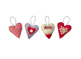 hand made textile hearts. Textile handicraft isolated on white background. Valentines Day, Wedding...