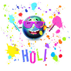 Happy hilarious Earth Globe cartoon mascot laughing and splashing paint colors participating in Holi Festival, vector isolated over white concept illustration