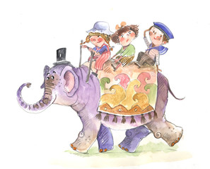 Children riding on the elephant, watercolor, illustration, card - 131372906