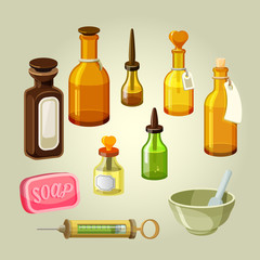 Empty bottles, flasks, potions and drops vector set. Laboratory medicaments
