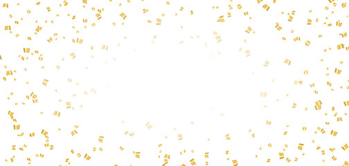 Fototapeta na wymiar Gold bright confetti on white Christmas background. Golden decoration glitter abstract design of Happy New Year card, greeting, Xmas holiday celebrate banner. Space effect. Vector illustration