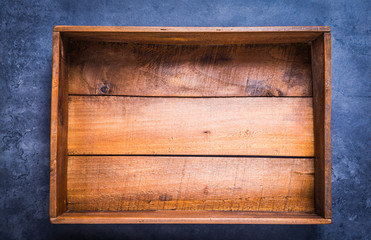 Vintage empty wooden box top view copy space.