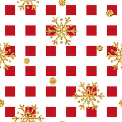 Christmas gold snowflake seamless pattern. Golden glitter snowflakes on red and white square background. Winter snow design wallpaper. Symbol holiday, New Year celebration Vector illustration