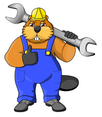 Beaver with a wrench. Vector illustration. Beaver in a blue jumpsuit and yellow helmet. On the shoulder of beaver wrench.