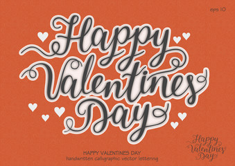 Vector festive handwritten inscription "Happy Valentine's Day" with flourish. Black letters with white outline on red background. Concept for sticker.