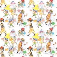 Walking, people, children, illustration, watercolor, seamless pattern