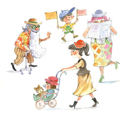 Walking, people, children, illustration, watercolor, seamless pattern
