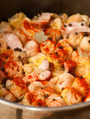 stuffed cabbage meat rolls romanian sarmale, raw meat, cabbage, bacon, dill, pepper, laurel waiting to be cooked 