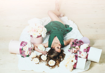 pretty girl in flowers bouquets