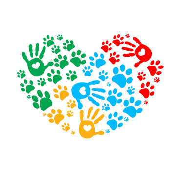  Paw in hands. Dog paw print made of colorful heart 