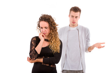 conflict between young man and  woman isolated on white backgrou