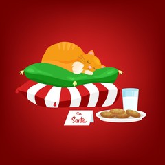 Christmas  illustration  of cat sleeps on pillows, a glass of milk and cookies on a plate  and sign for Santa