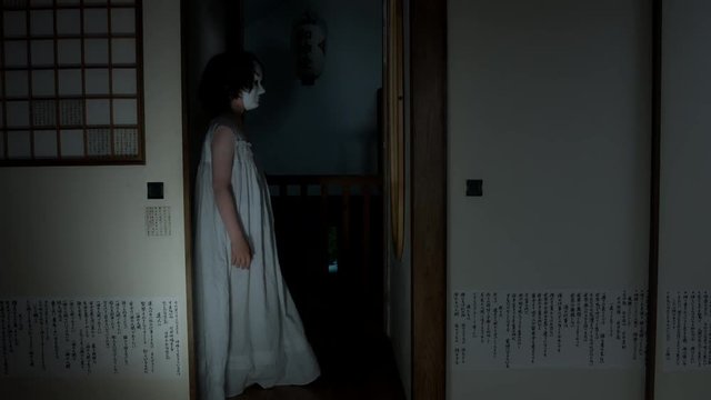4k Halloween Shot of a Child Appearing in the door from darkness with a mask