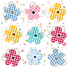 Colored doodle flowers with plaid texture pattern