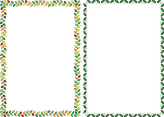 Set of two frame borders with green and varicolored leaves. A4 rectangular format size. Vector illustration.