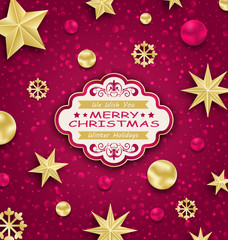 Fototapeta na wymiar Pink Cute Congratulation Card with Golden Decoration for Merry Christmas