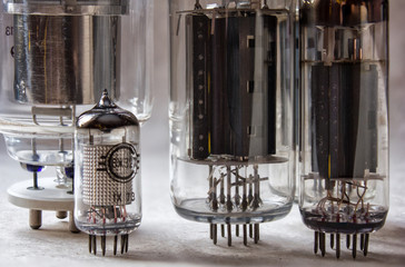different electronic vacuum tubes. close up view.