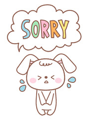 ほのぼのかわいい手書き風うさぎのキャラクター　謝るポーズとSORRYの文字　ベクター
