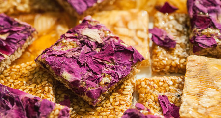 Oriental sweets square shape with rose petals and nuts