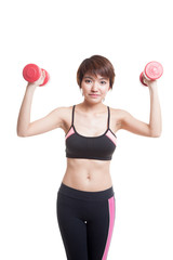 Fototapeta na wymiar Beautiful Asian healthy girl exercise with dumbbell.