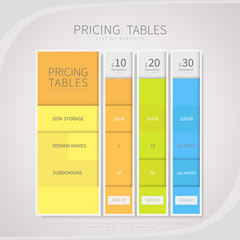 Pricing comparison table set for commercial business web services and applications. Design element interface for website, banners, hosting, ui, ux, mobile app. Vector illustration template.