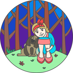  The girl on the lawn near the forest with a dog. color