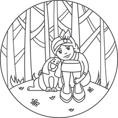  The girl on the lawn near the forest with a dog. circuit