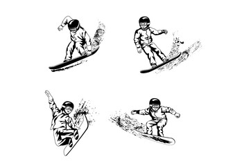 Fototapeta na wymiar Boys snowboarders coming down the slope. Black color